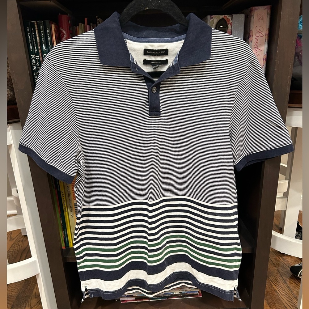 Banana Republic Standard Fit Short Sleeve Pique Polo in Blue Green Stripe